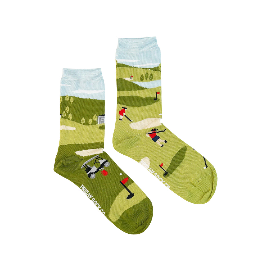 multicolored socks displaying a golf course landscape for women
