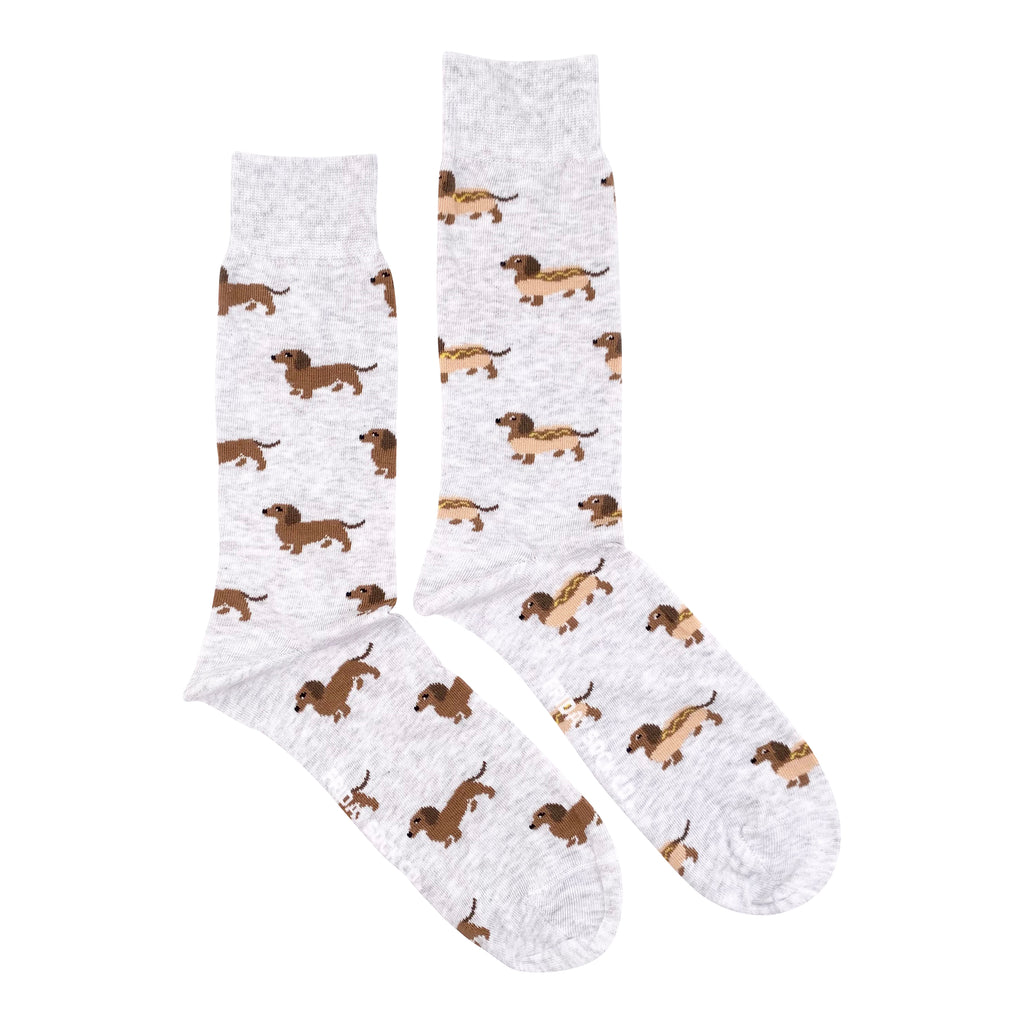 grey socks with dachshund and weiner dog hotdogs