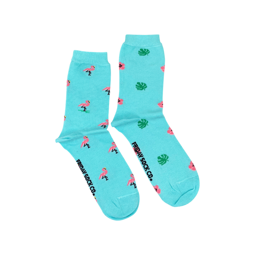 blue socks with tiny flamingos and leaves for women