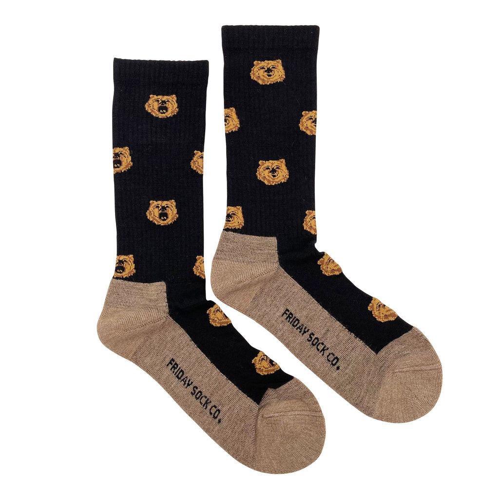 dark brown socks with light brown soles and lion pattern