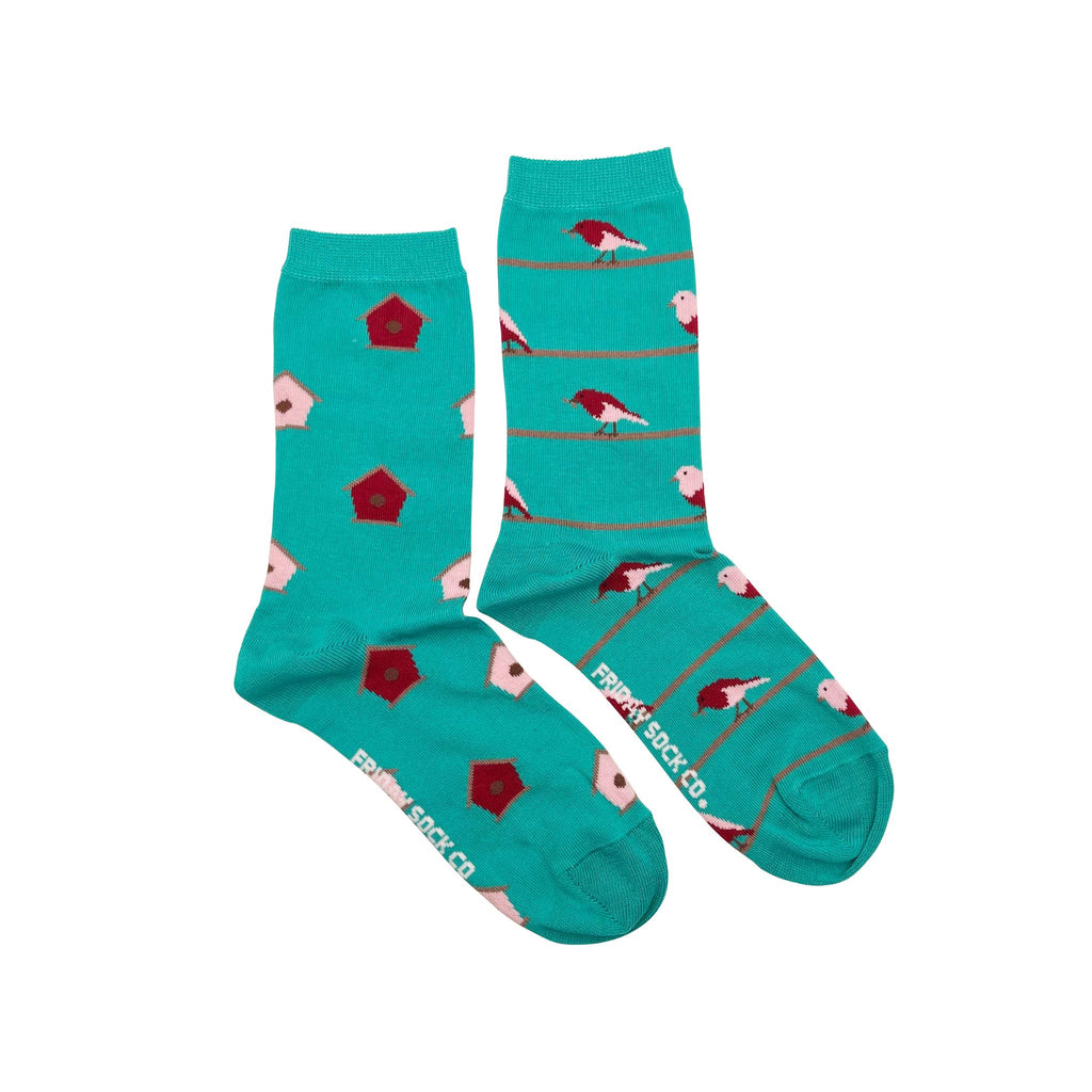 Turquoise socks with red bird and birdhouse