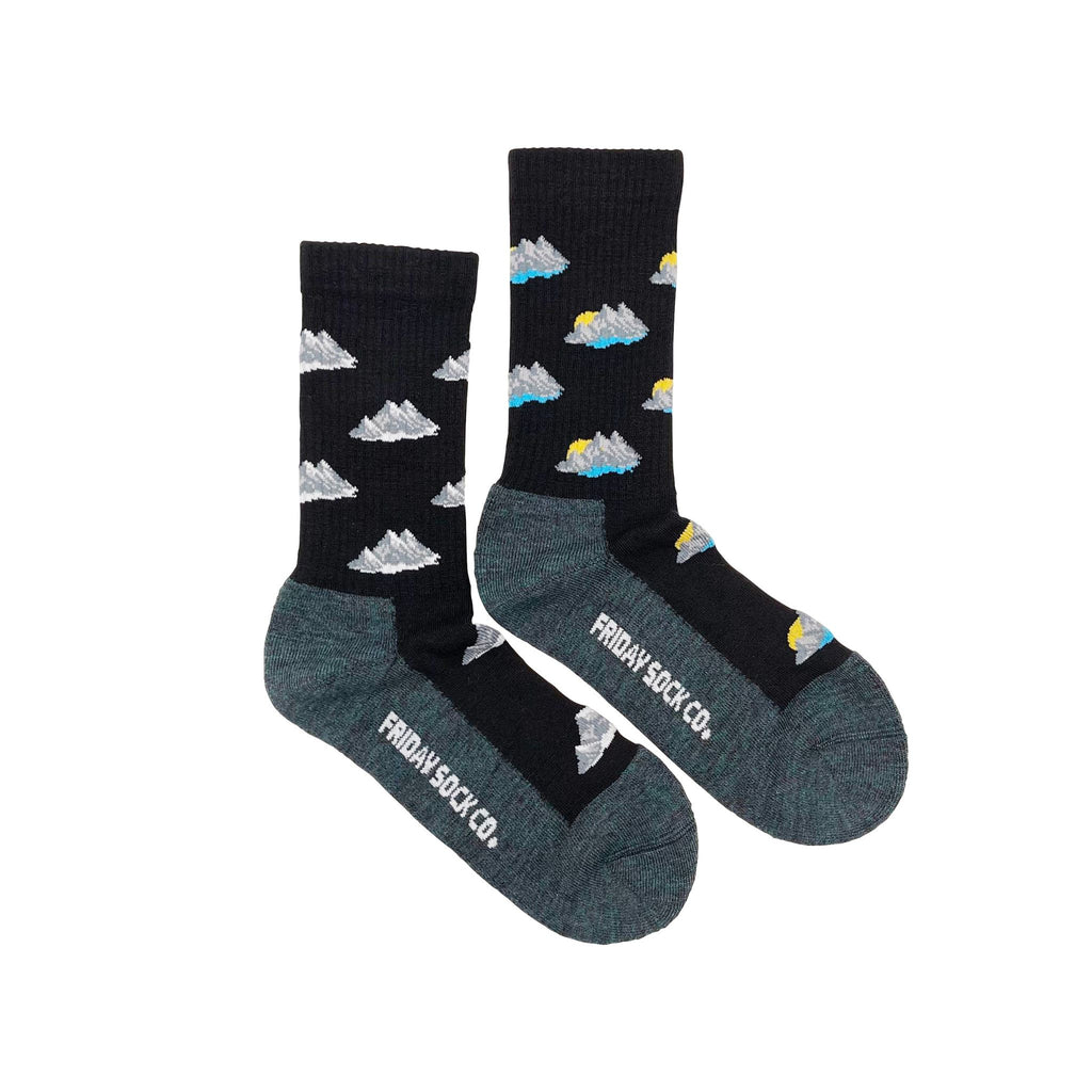Black wool socks with blue soles and mountain patterns 