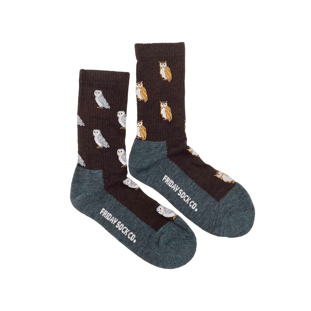 brown wool socks with blue soles and owls