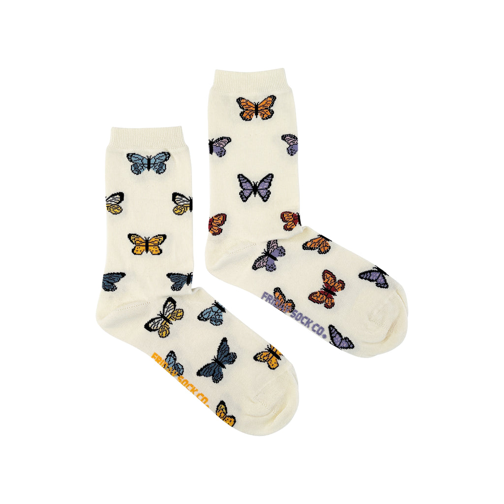 cream colored socks with assorted butterflies