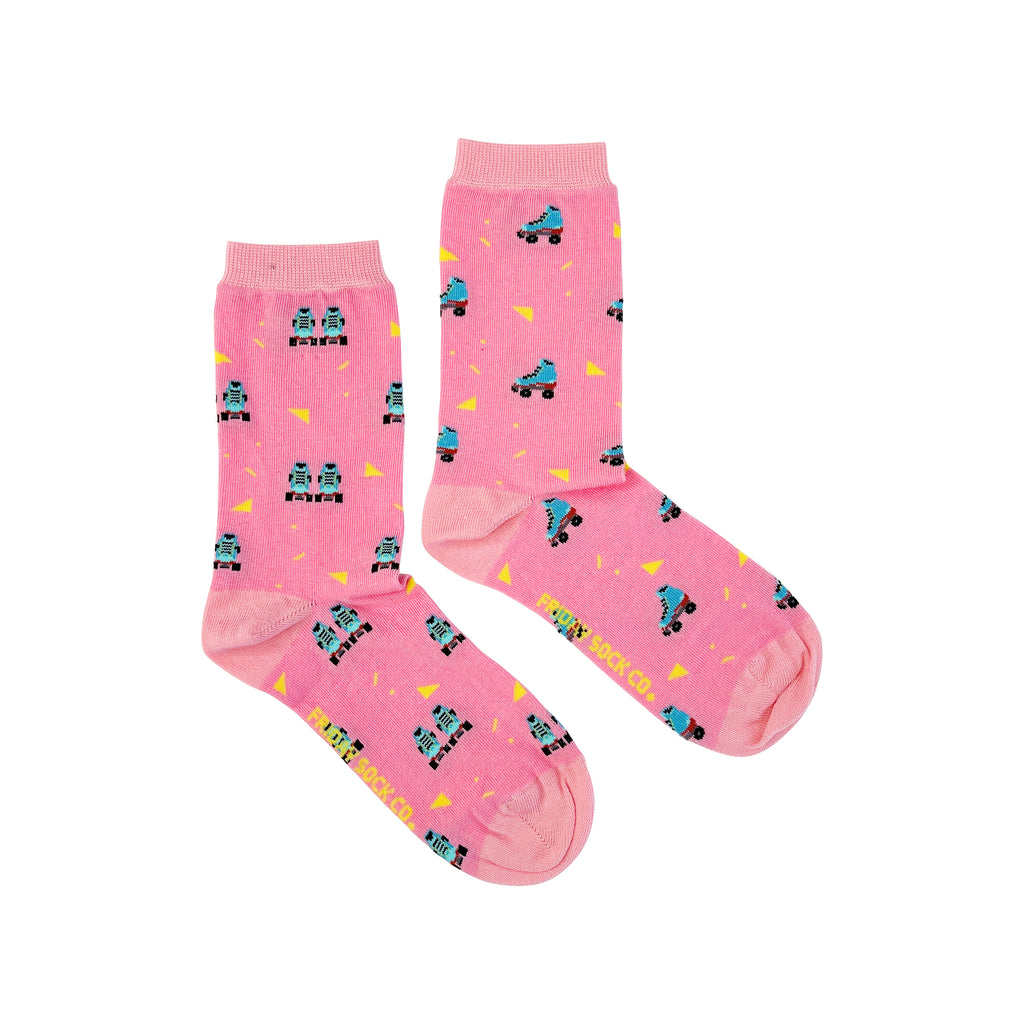 pink socks with blue rollerskates for women