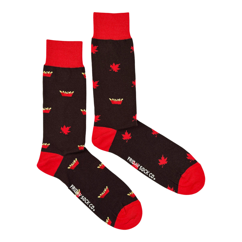 brown and red men's socks with poutine and maple leaf