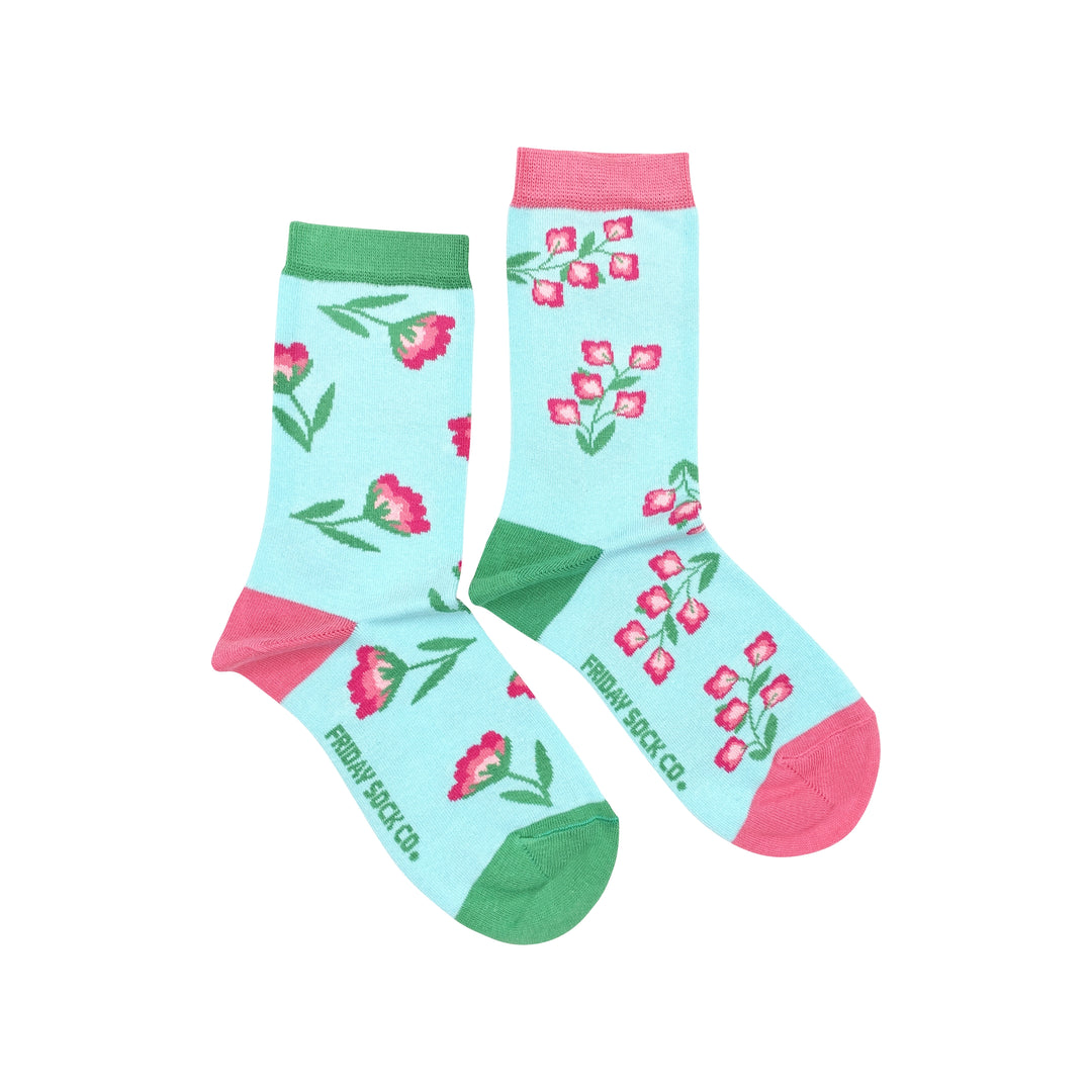 Women's pink flower mismatched floral socks