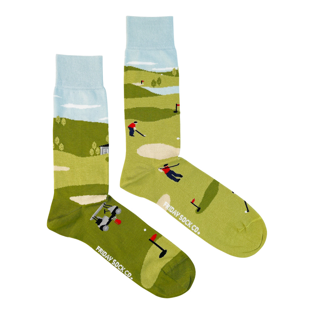 socks with golf green featuring a golfer and golf cart