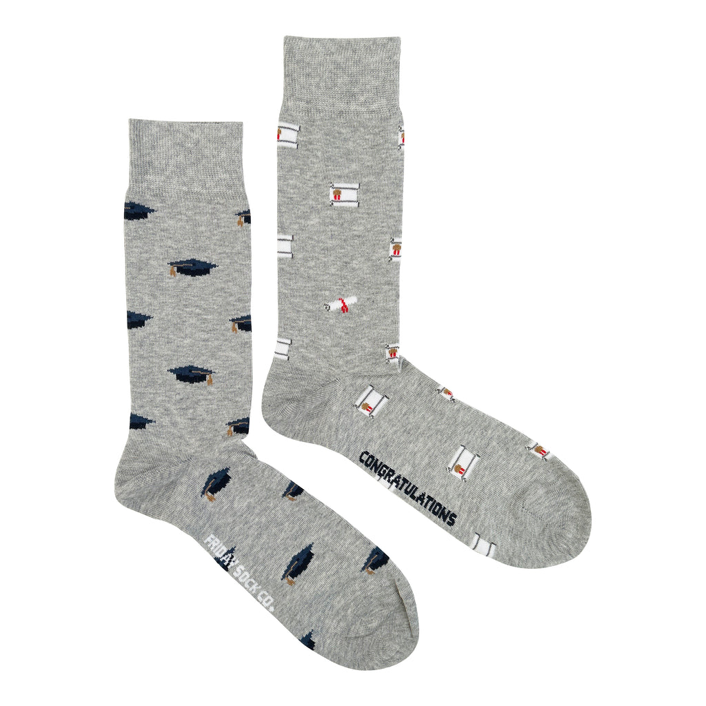 grey graduation themed socks with a grad cap and diploma for men