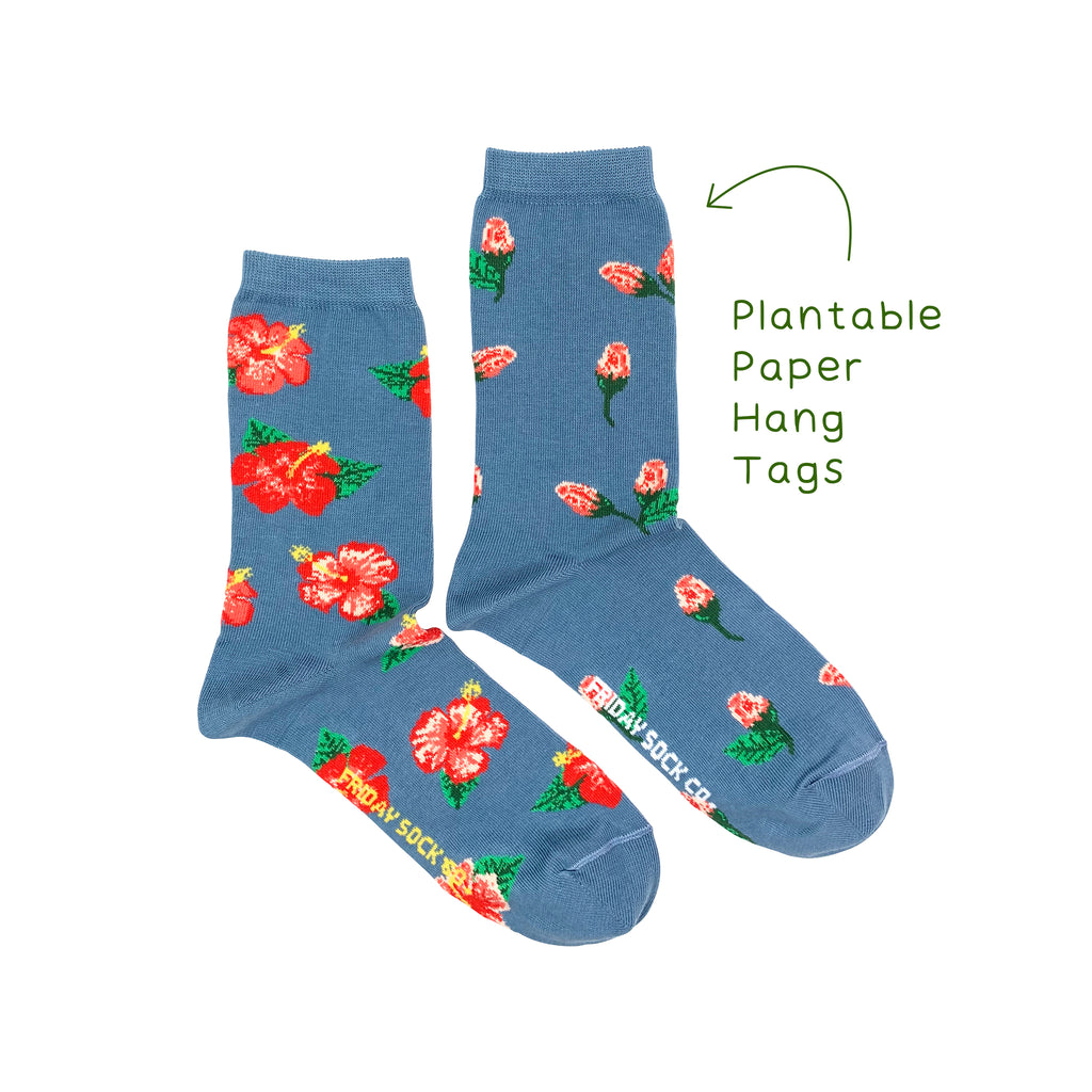 blue socks with bright red hibiscus flowers and buds for women