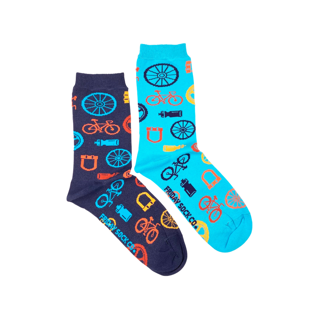 blue socks with multicolored bikes and bike parts for women