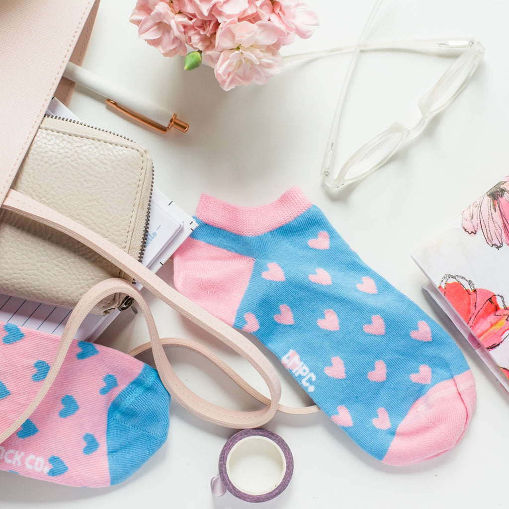 Women's Pink & Blue Heart Ankle Socks-Socks-Canada-Friday Sock Co.