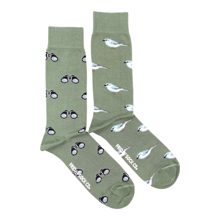 green bird watching socks with white bird and binoculars