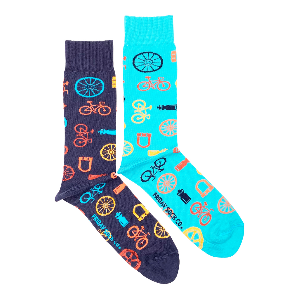 blue socks with bikes and assorted bike gear for men