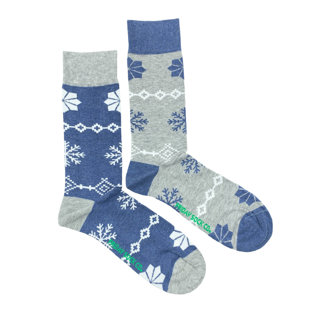 blue and grey socks with festive snowflakes for men