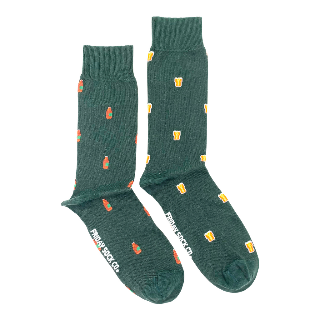 green socks for men with tiny beer glasses and beer bottles