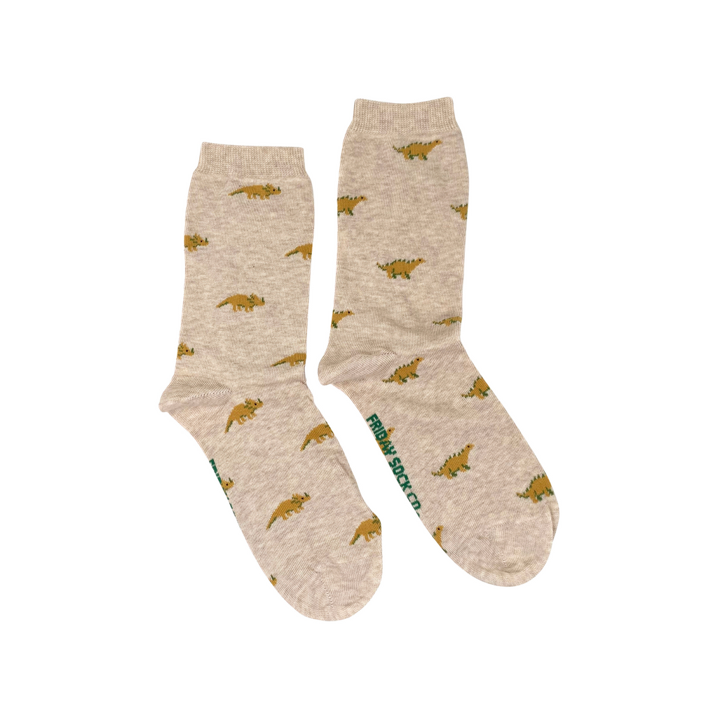 beige socks with tiny yellow dinosaurs