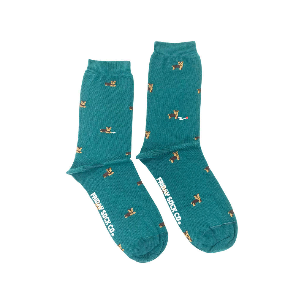 dark turquoise socks with small brown yorkie dogs