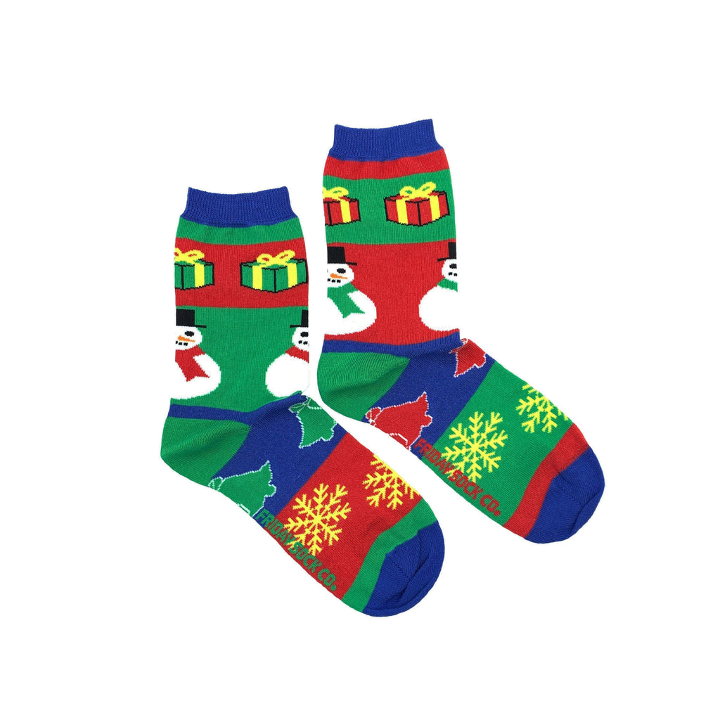 colorful Christmas socks with snowmen and presents