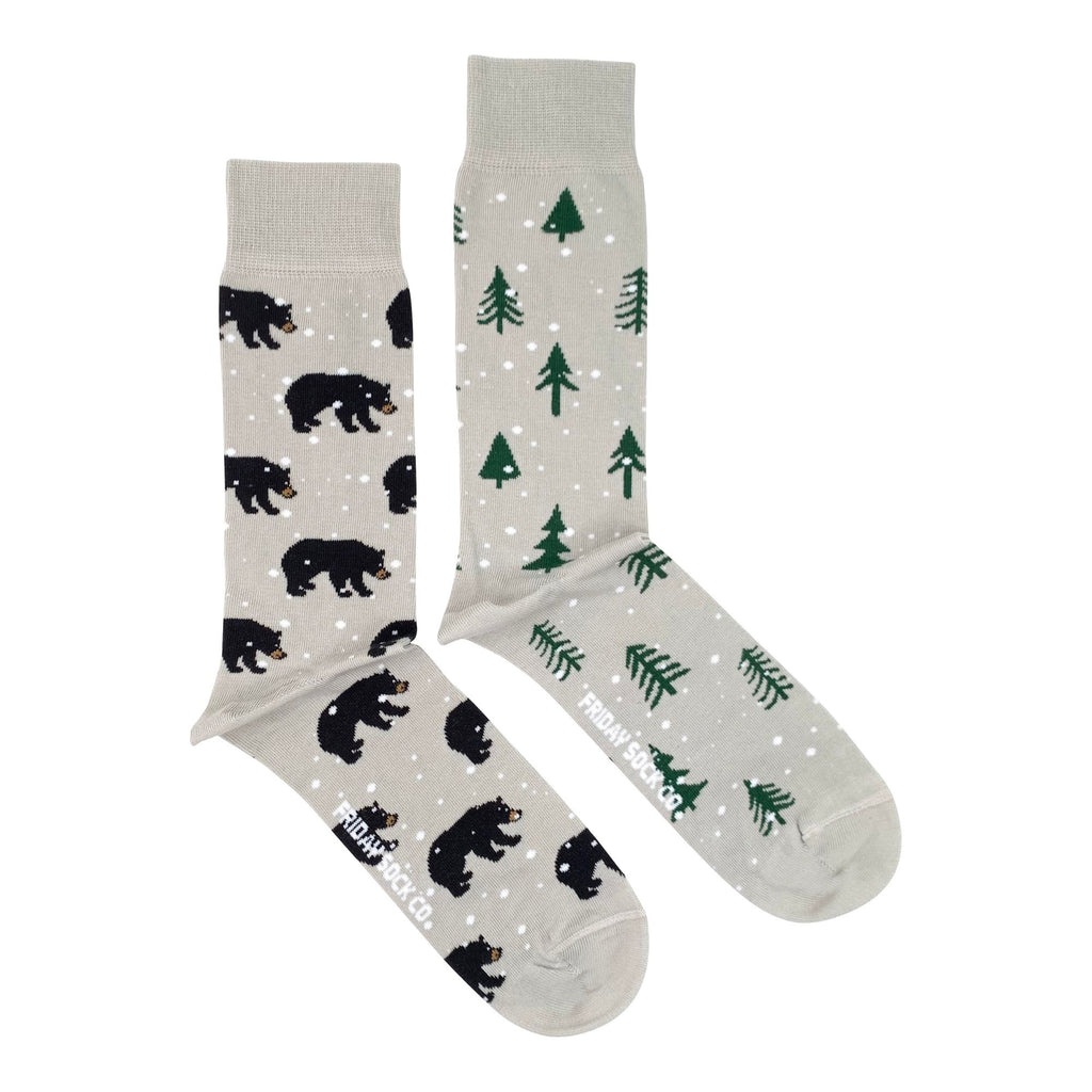 grey socks with black bears and trees and falling snow for men
