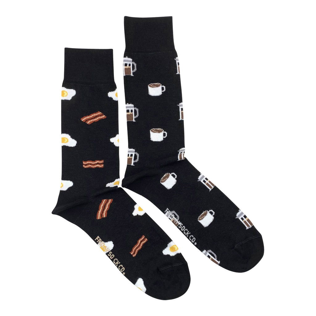 black breakfast socks with bacon eggs and coffee for men