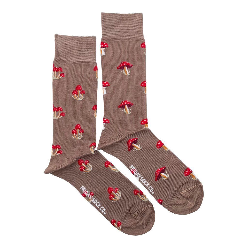 Brown socks for men with red mushrooms