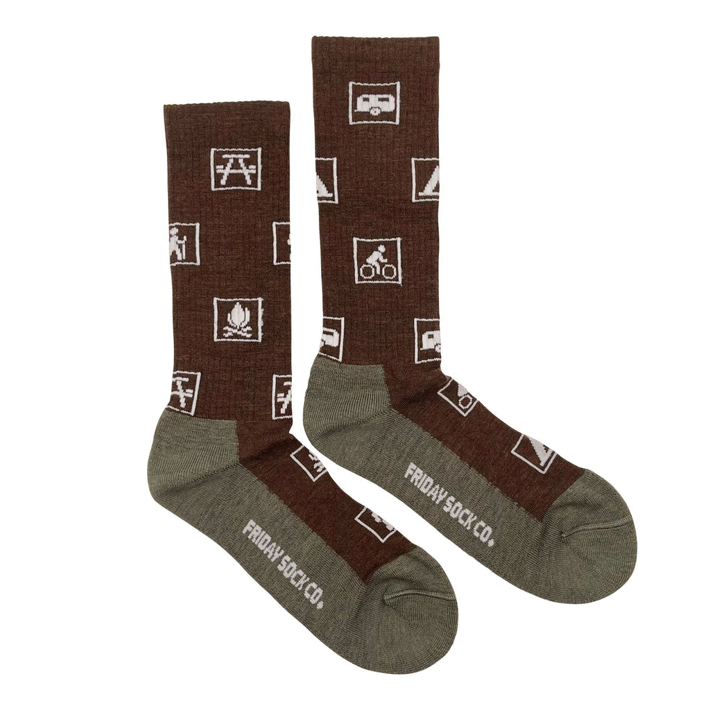 brown wool socks with beige soles and white park emoticons