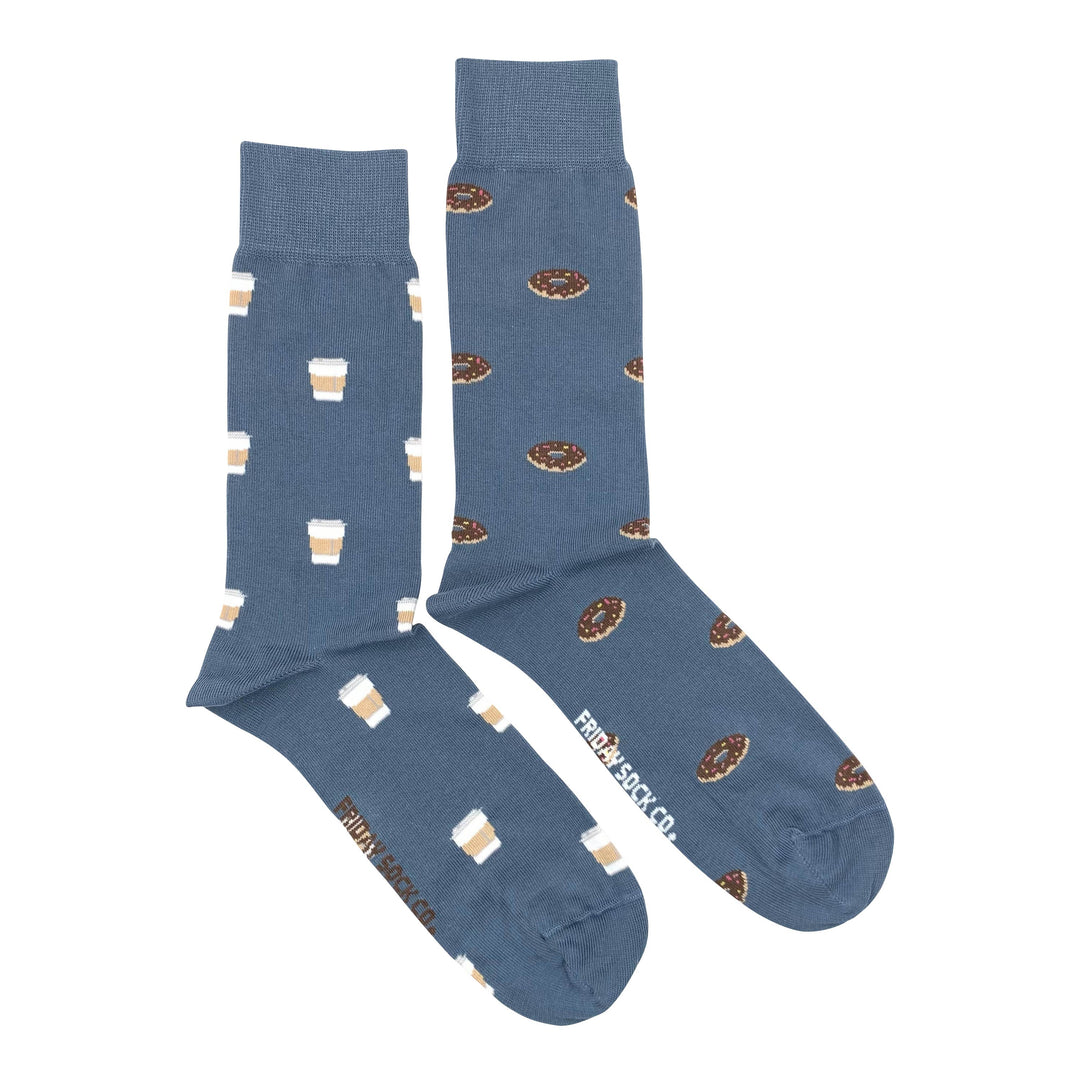 blue socks with a chocolate donut and coffee cup for men