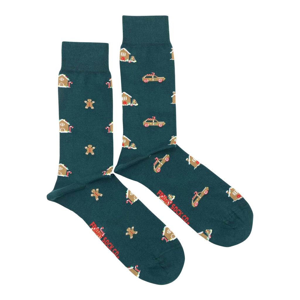 green socks with gingerbread houses and cookies for men