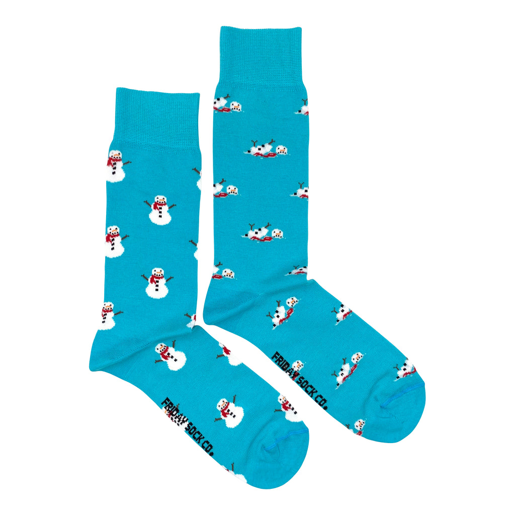 blue Christmas socks with a snowman and melting snowman for men