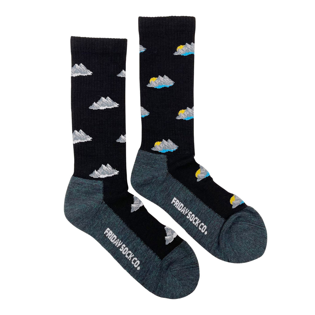 black socks with grey soles and mountain pattern