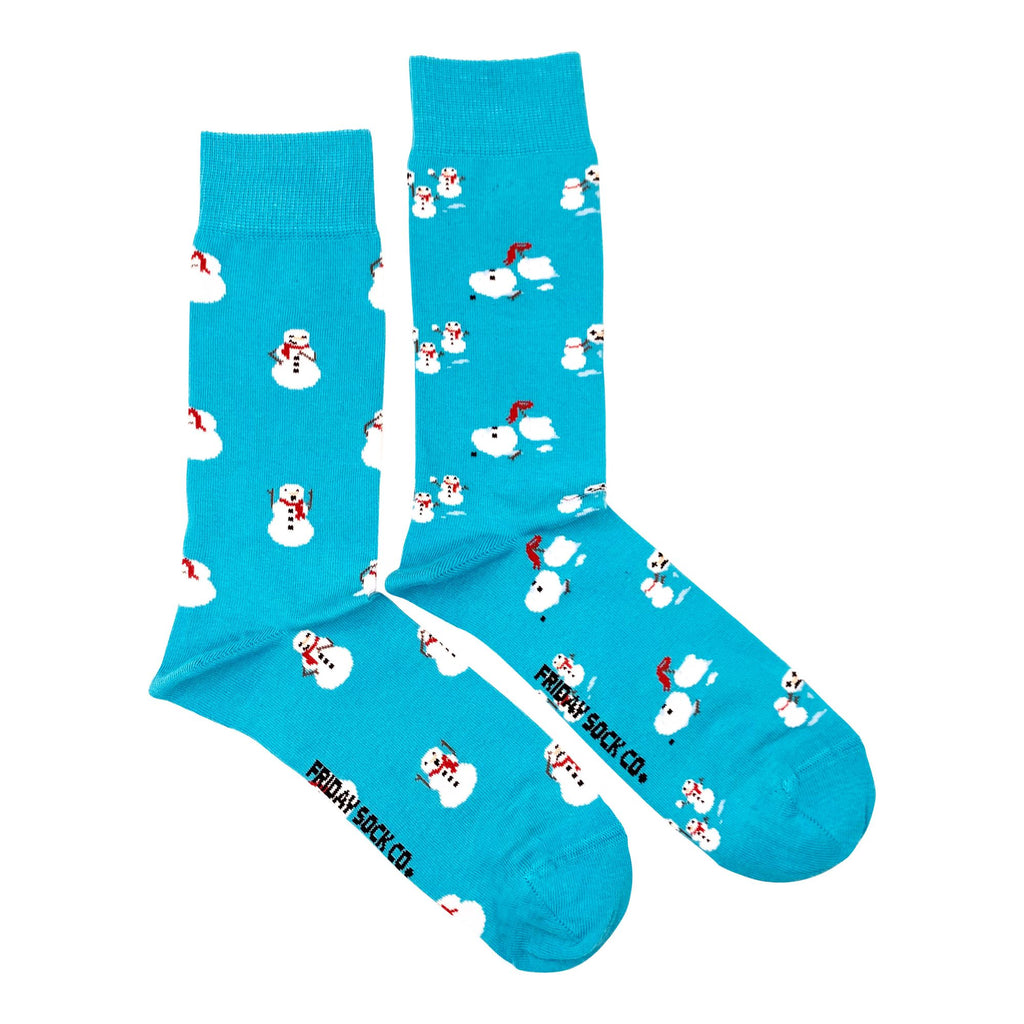 blue socks with a melting snowman family for men