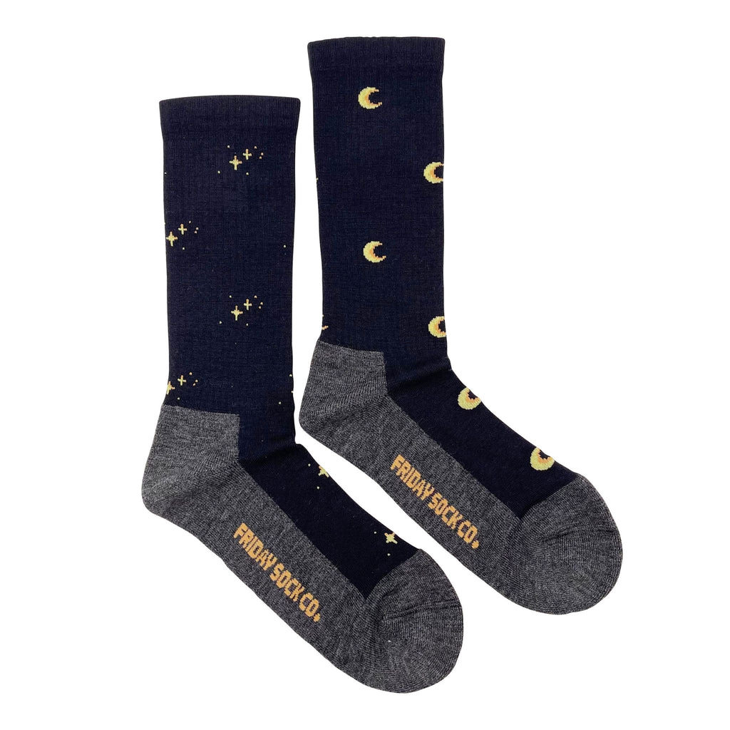Black socks with grey sole and small star and moon pattern
