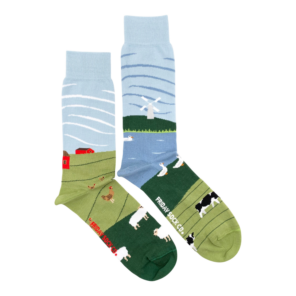 colorful barnyard scene socks with animals and landscape