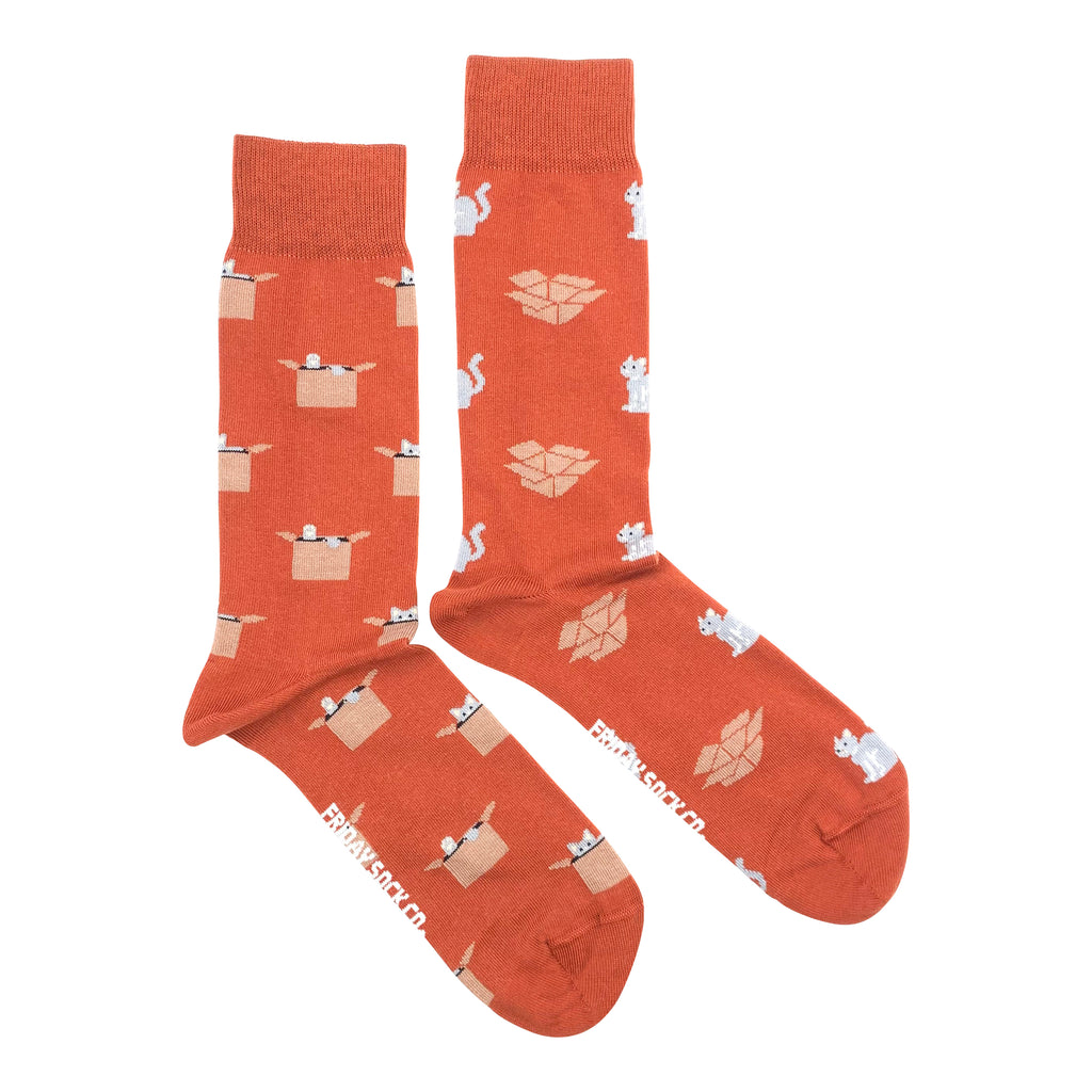 orange socks with grey cat in a box for men