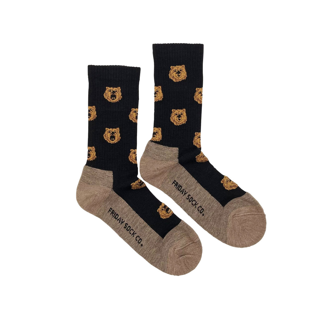 Black wool socks with brown sole and bears