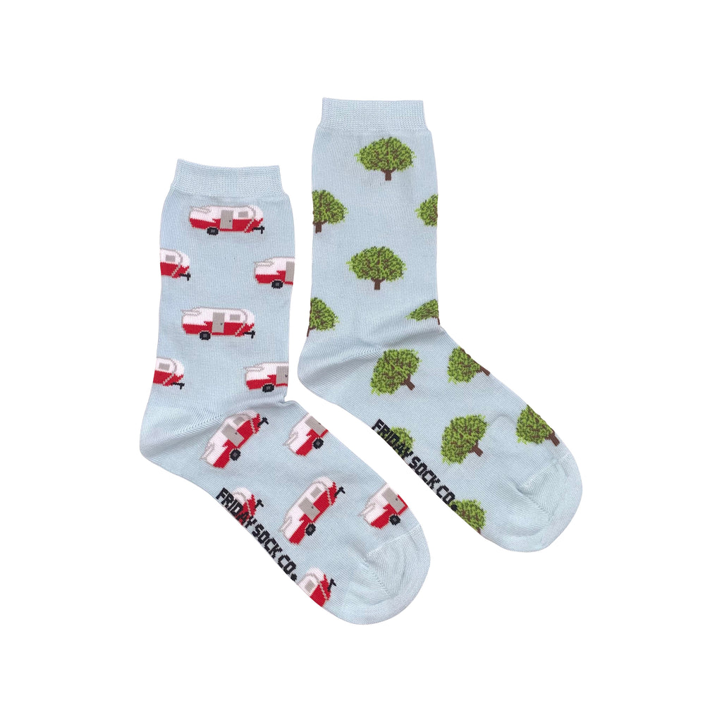 blue socks with trees and RVs for women