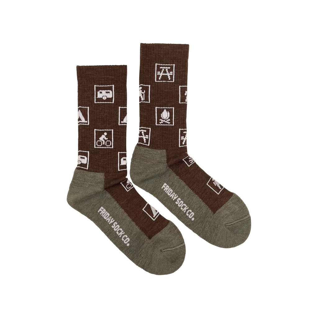 brown wool socks with green soles and white park symbols