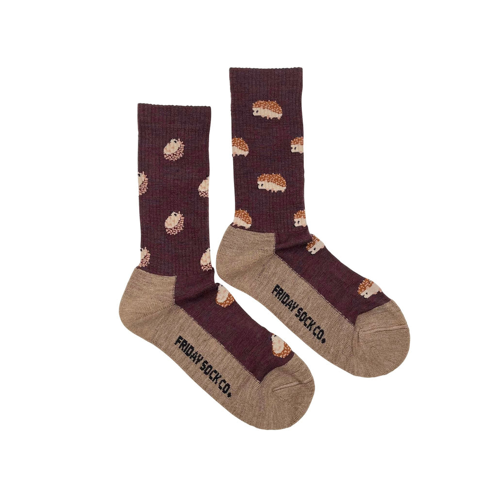 brown wool socks with upside-down hedghogs