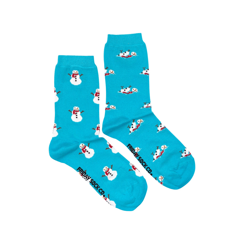 blue socks with snowman and melting snowman for women