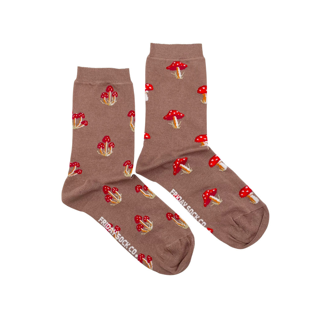 brown socks with red mushrooms and toadstools for women