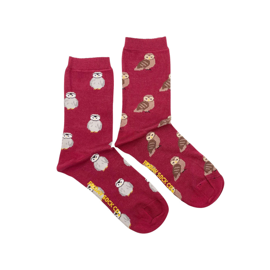 maroon colored socks with grey and brown owls