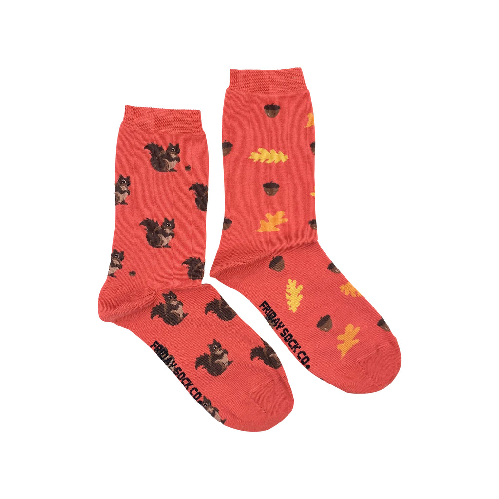 orange socks with squirrels acorns and leaves for women