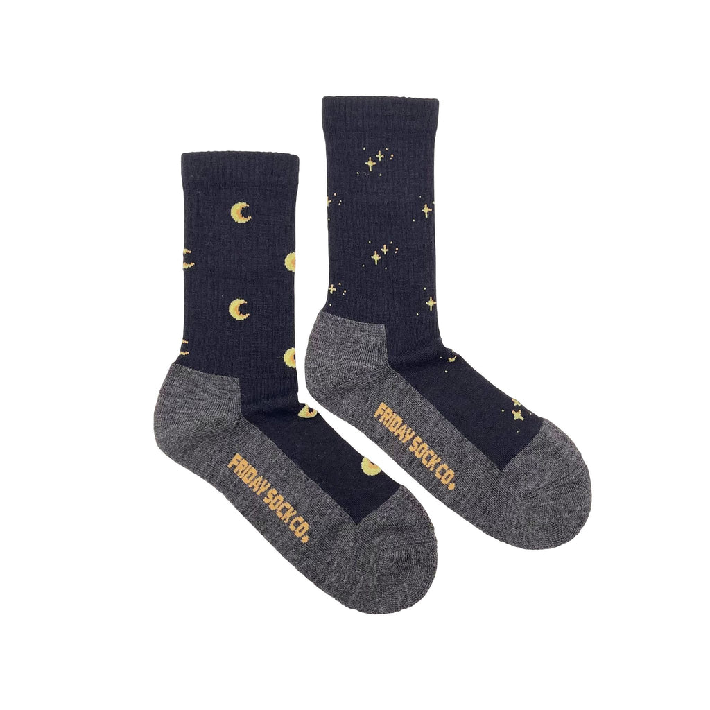black wool socks with grey sole and moon and stars pattern