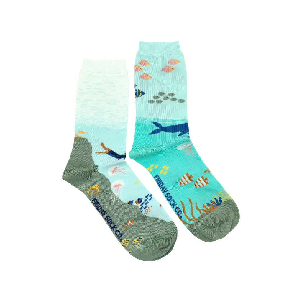 multicolored marine life underwater scene socks with fish and swimmer